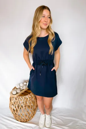 Back to Basics Drawstring Athleisure Dress - Navy