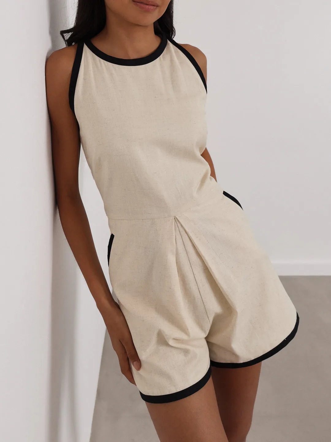 Claudia Contrast Linen Playsuit | Almond/Black