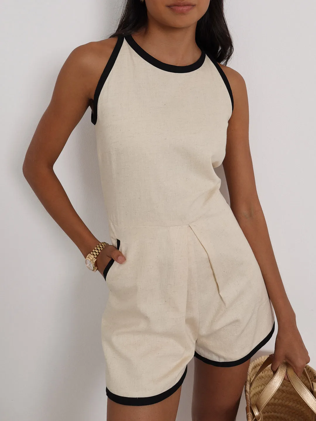 Claudia Contrast Linen Playsuit | Almond/Black