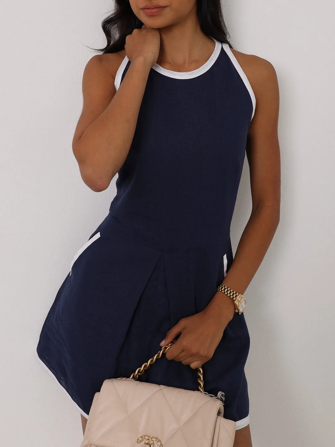 Claudia Contrast Linen Playsuit | Navy/White