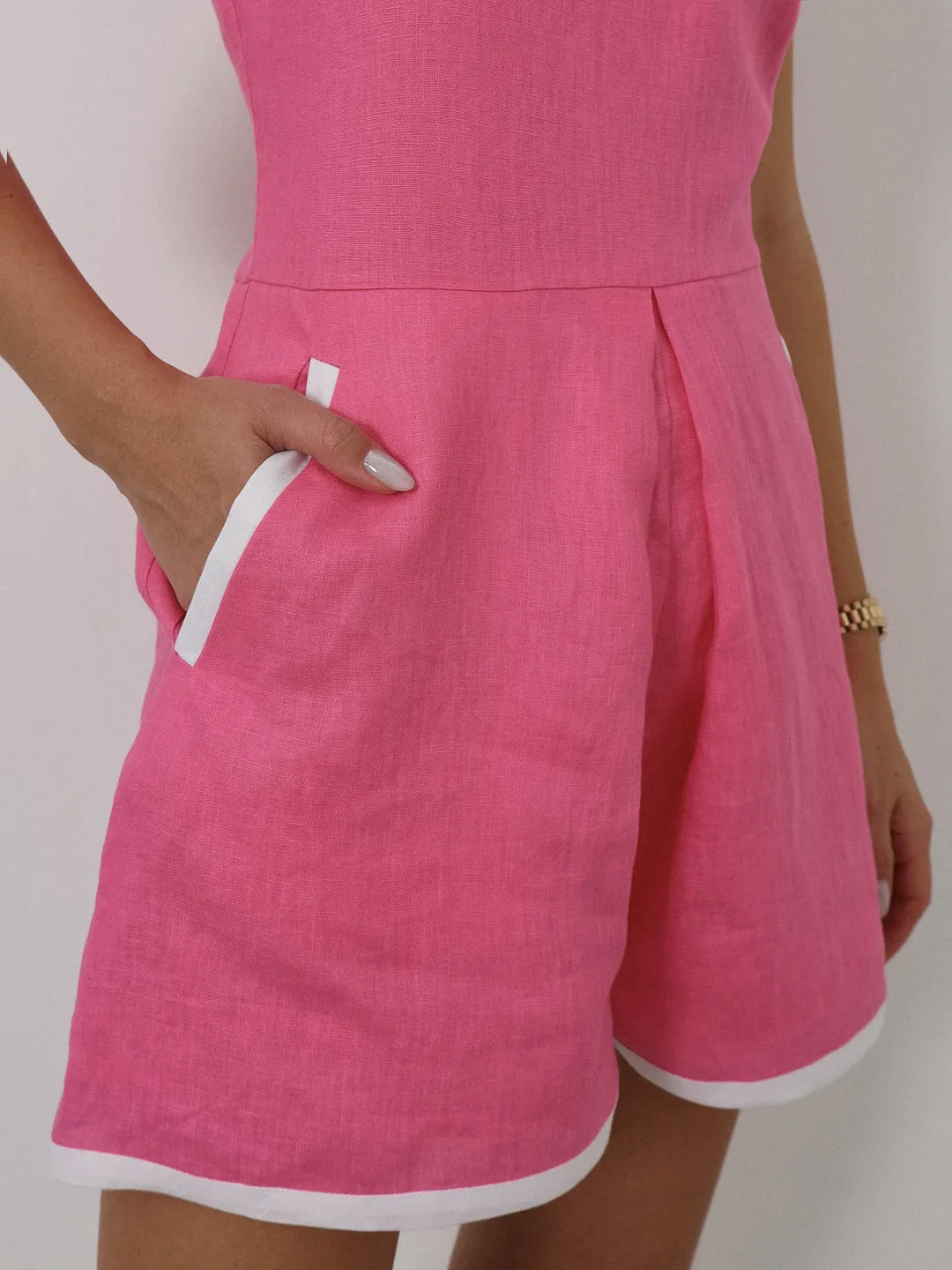 Claudia Contrast Linen Playsuit | Pink/White