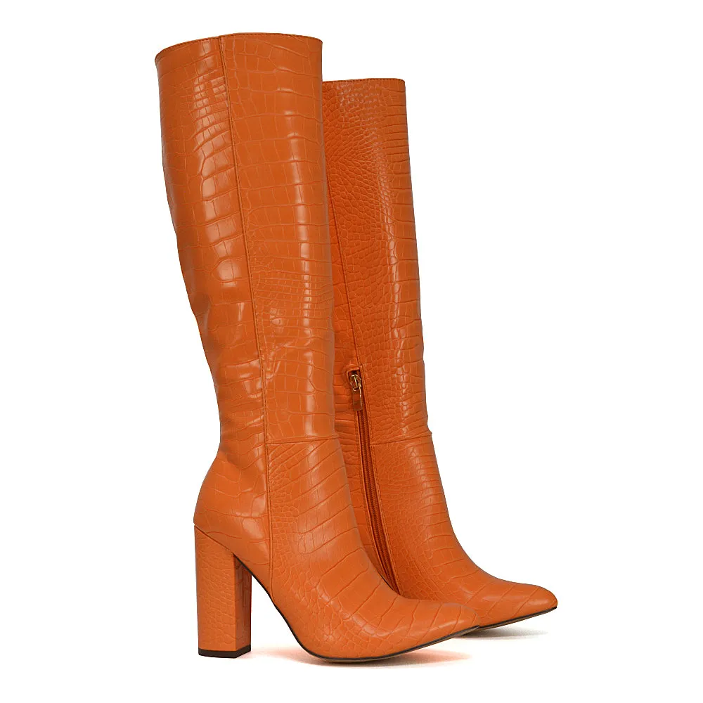 Rhode Pointed Toe Long Party Statement Zip-up Block High Heel Knee High Boots in Black