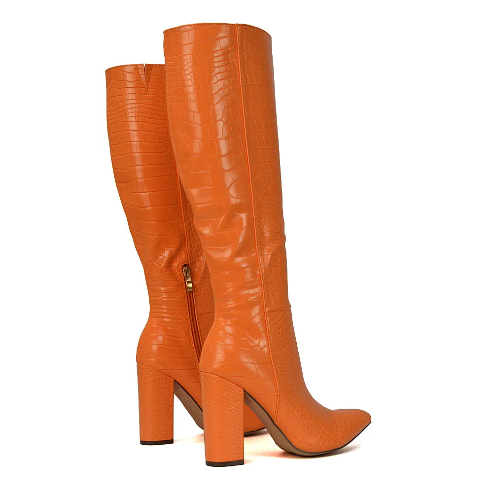 Rhode Pointed Toe Long Party Statement Zip-up Block High Heel Knee High Boots in Black