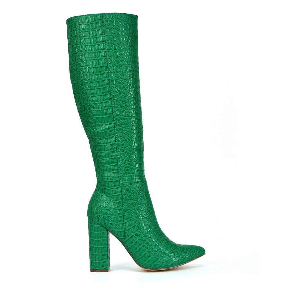 Rhode Pointed Toe Long Party Statement Zip-up Block High Heel Knee High Boots in Black
