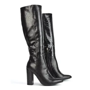 Rhode Pointed Toe Long Party Statement Zip-up Block High Heel Knee High Boots in Black