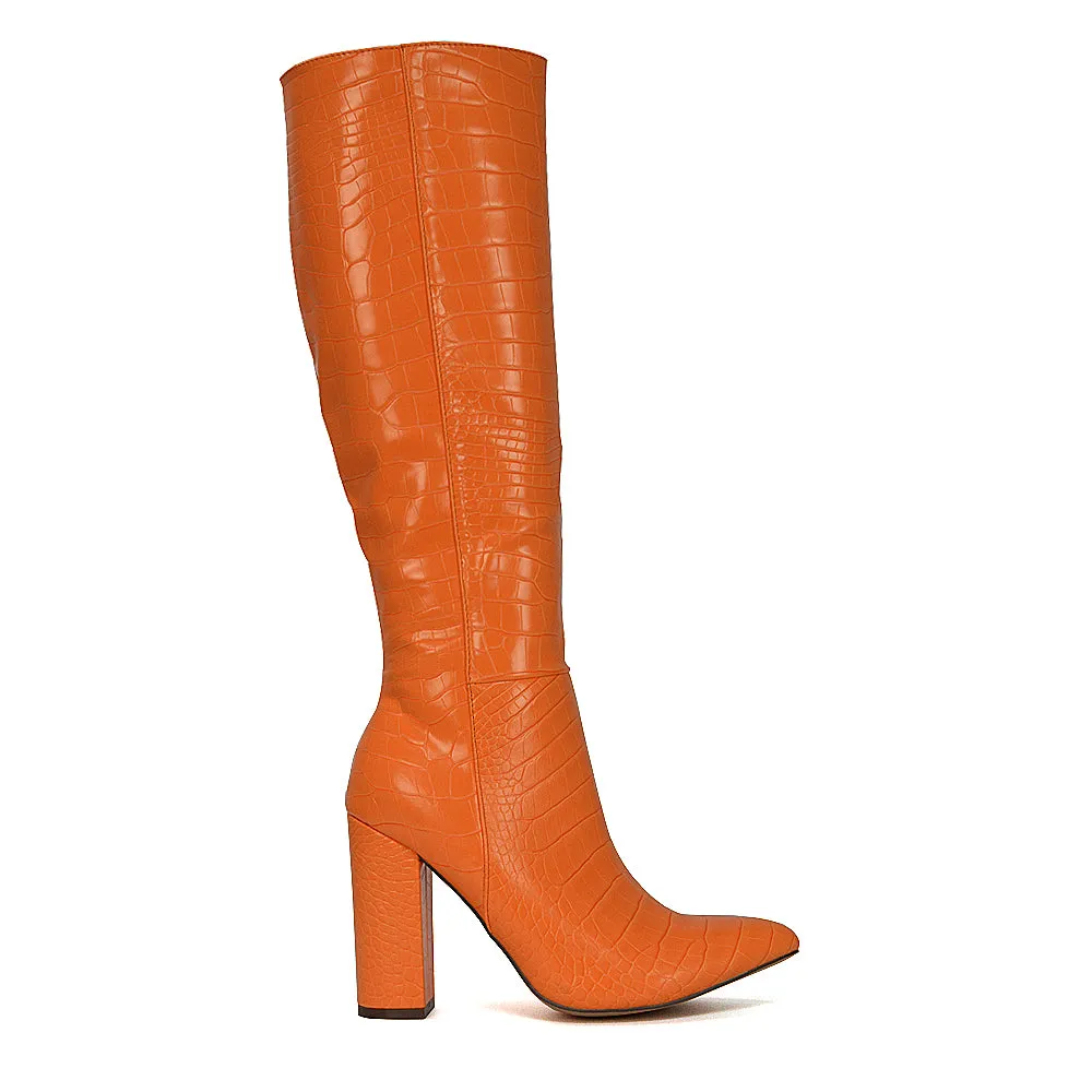 Rhode Pointed Toe Long Party Statement Zip-up Block High Heel Knee High Boots in Black