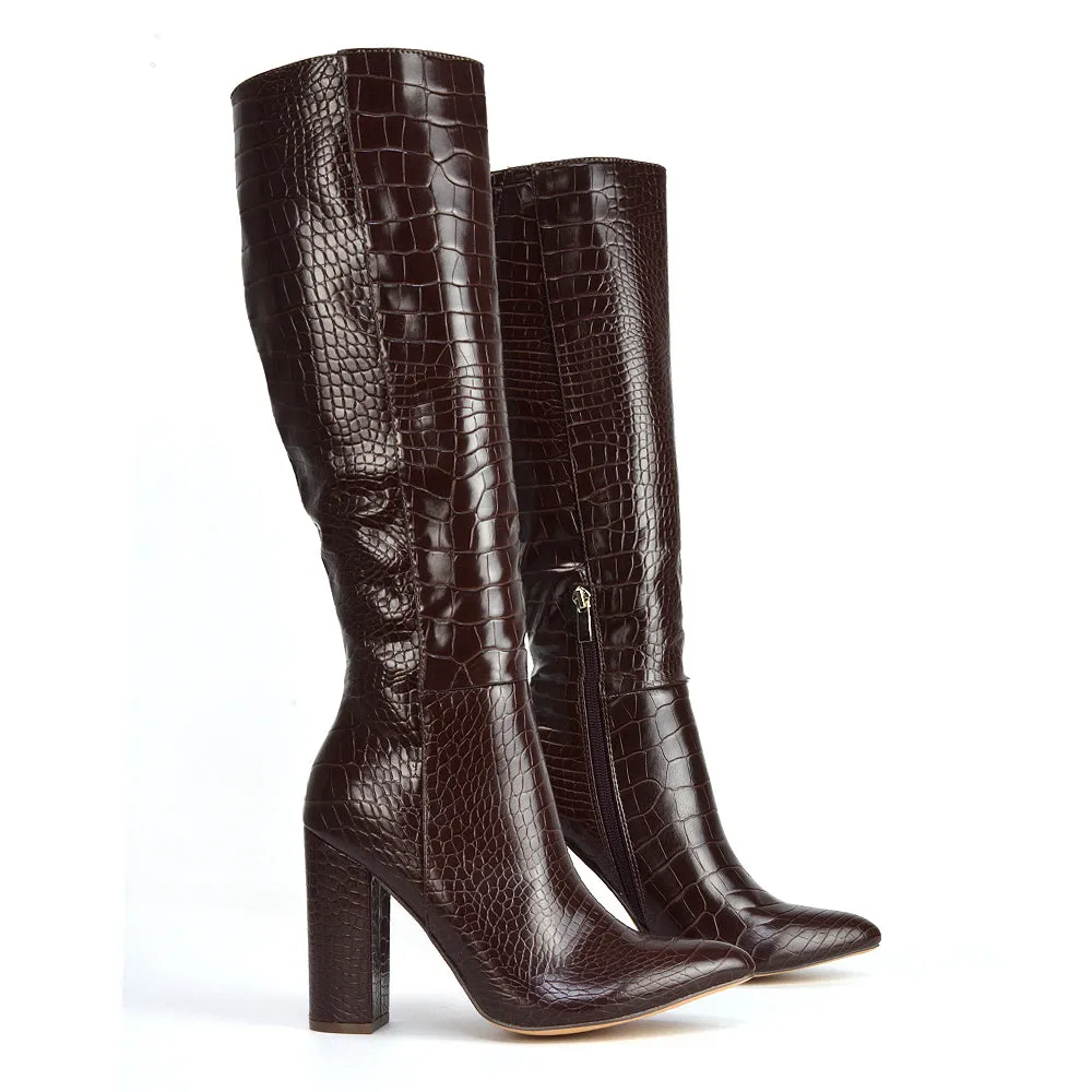 Rhode Pointed Toe Long Party Statement Zip-up Block High Heel Knee High Boots in Black