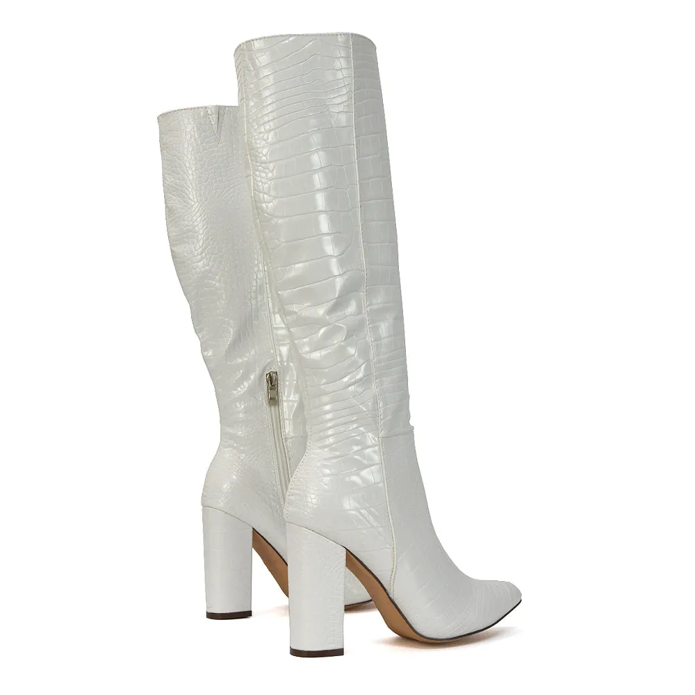 Rhode Pointed Toe Long Party Statement Zip-up Block High Heel Knee High Boots in Black