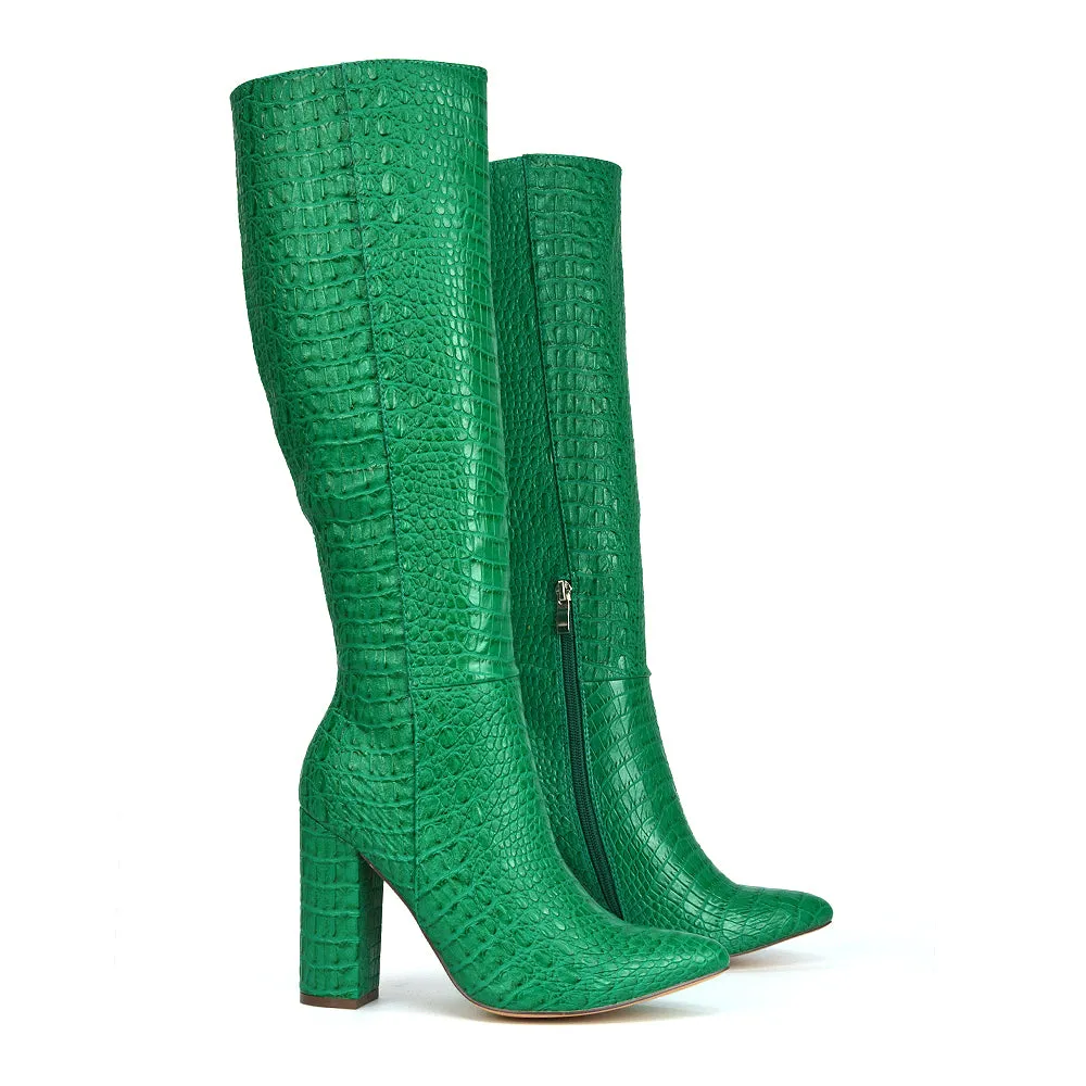 Rhode Pointed Toe Long Party Statement Zip-up Block High Heel Knee High Boots in Black