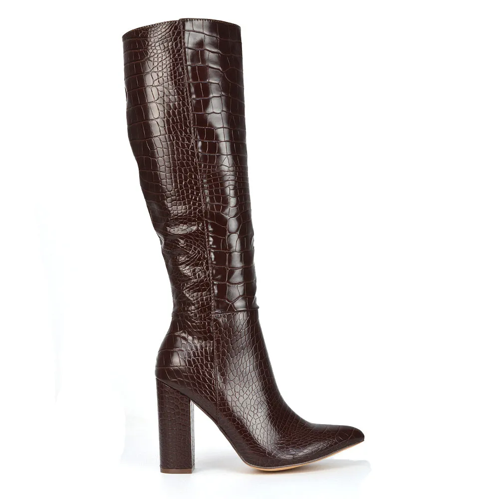 Rhode Pointed Toe Long Party Statement Zip-up Block High Heel Knee High Boots in Black