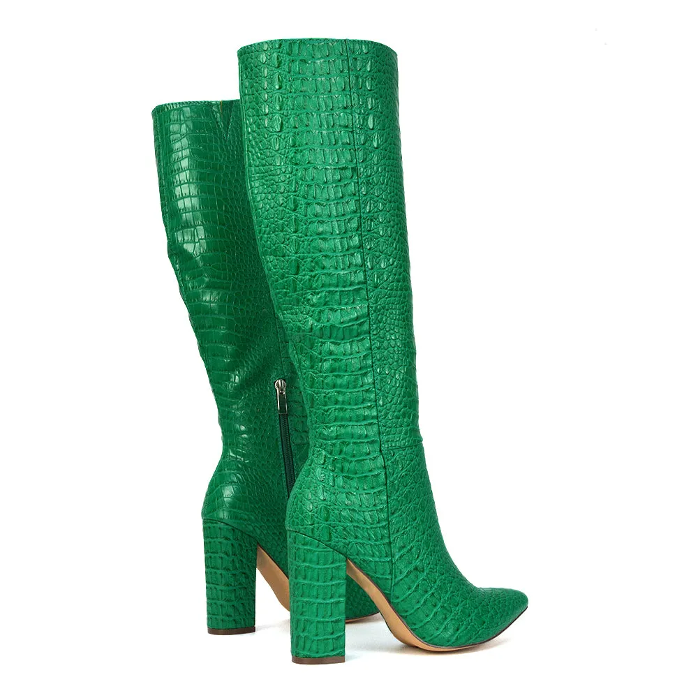 Rhode Pointed Toe Long Party Statement Zip-up Block High Heel Knee High Boots in Black