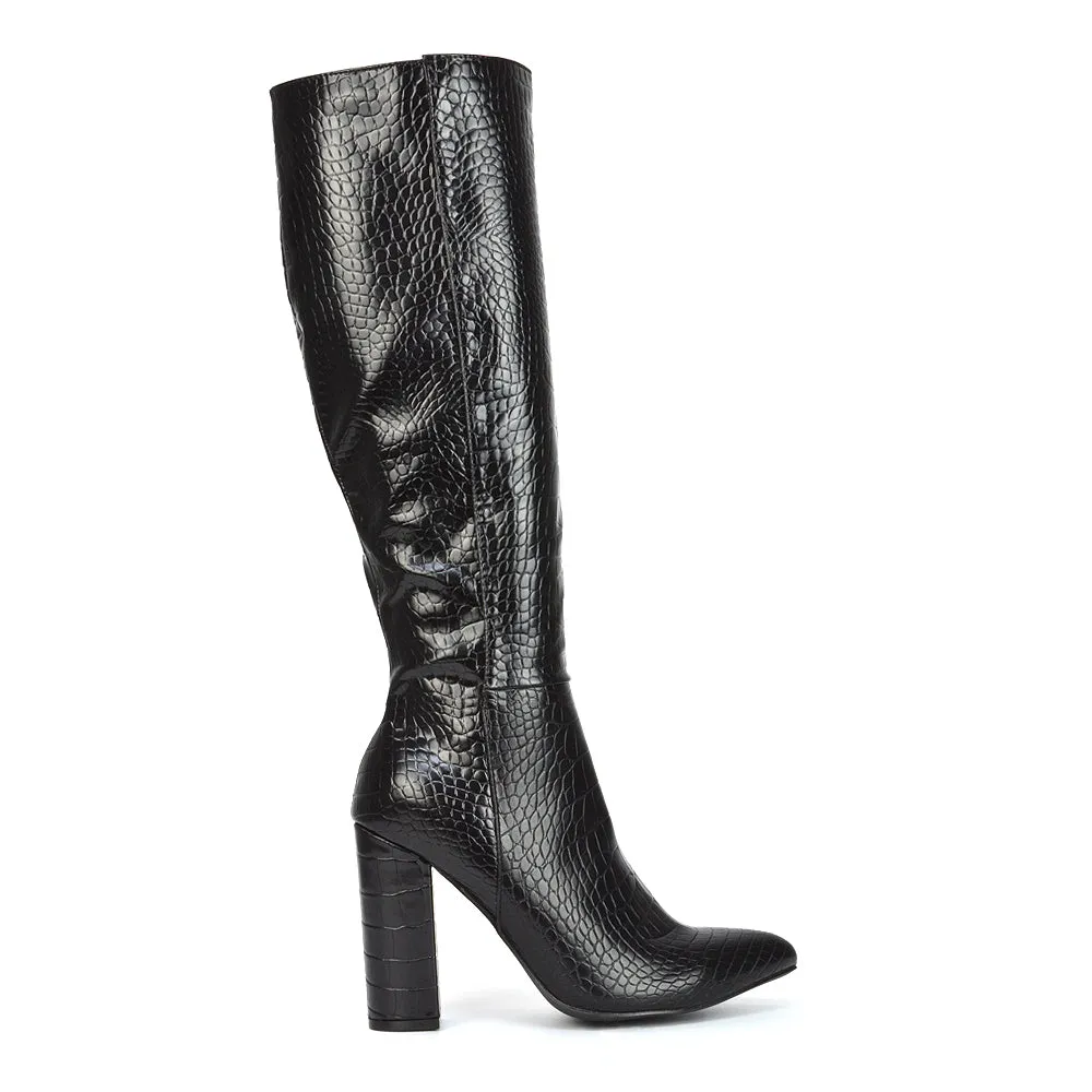 Rhode Pointed Toe Long Party Statement Zip-up Block High Heel Knee High Boots in Black