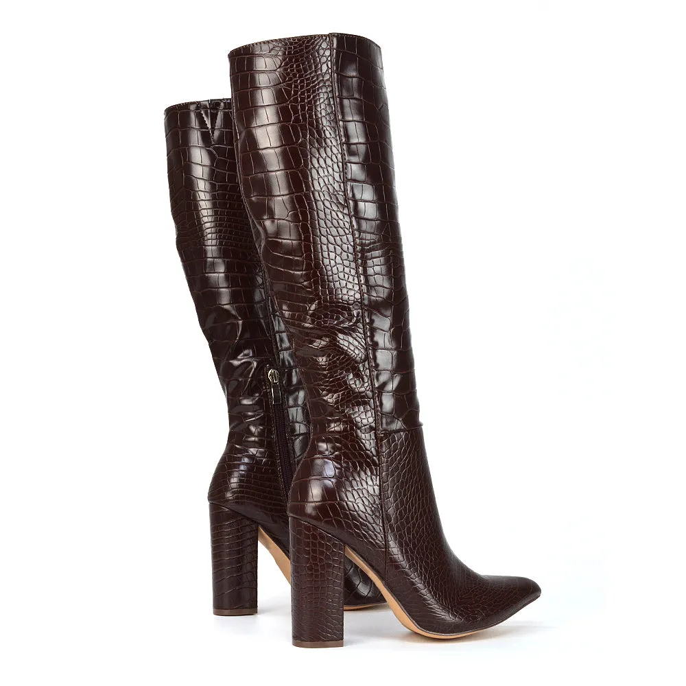Rhode Pointed Toe Long Party Statement Zip-up Block High Heel Knee High Boots in Black