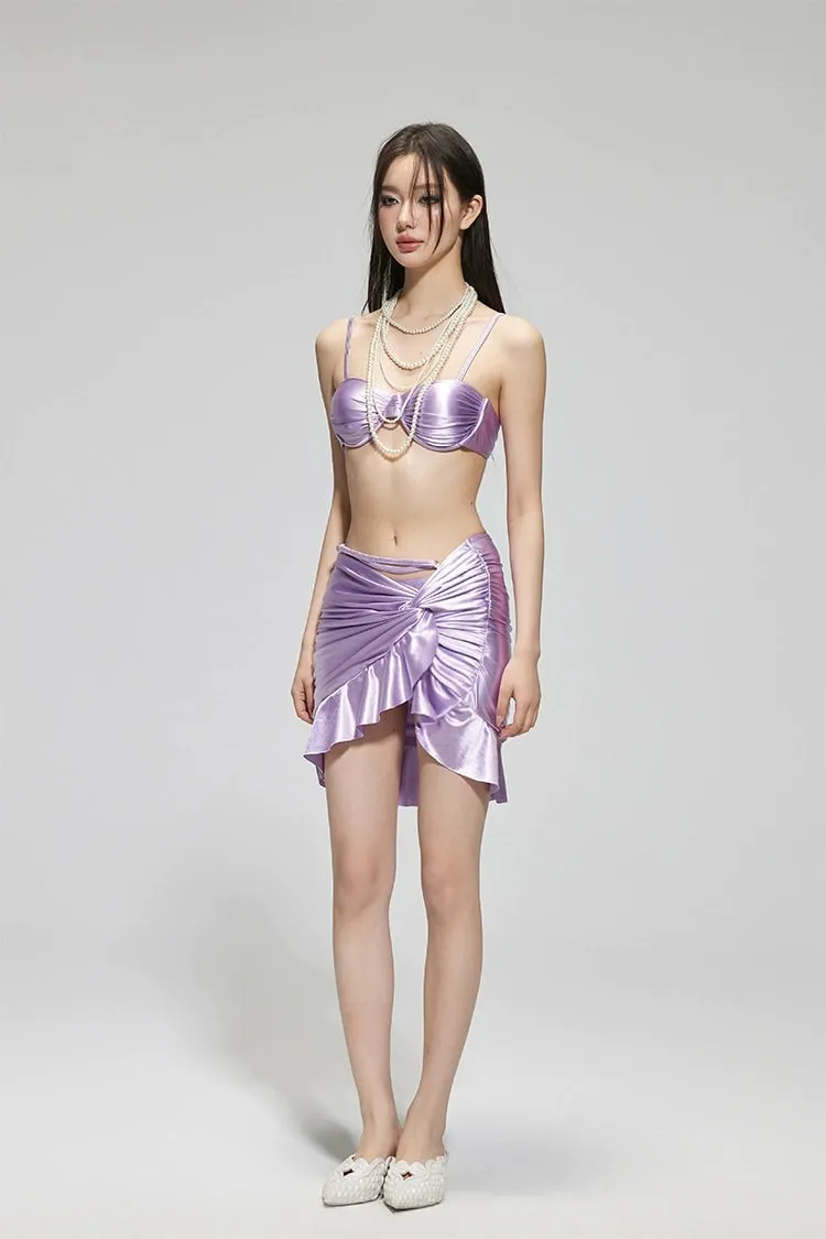 Satin Ruched Bikini Top with Wrap Skirt Set