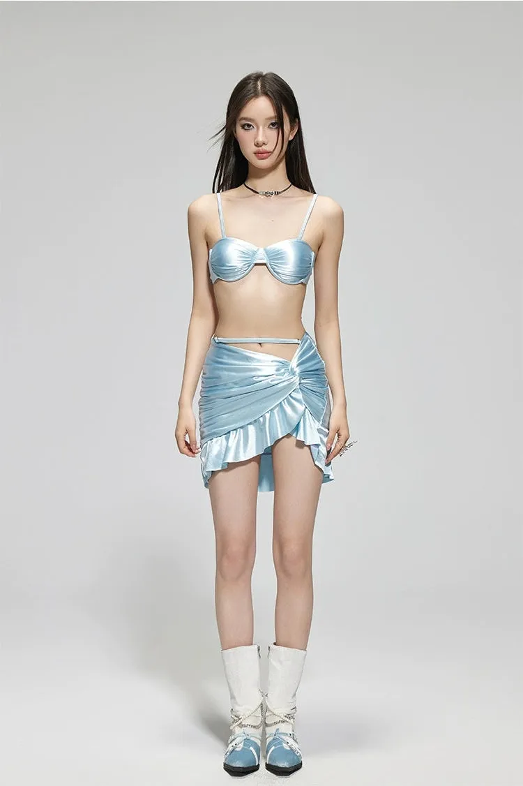 Satin Ruched Bikini Top with Wrap Skirt Set