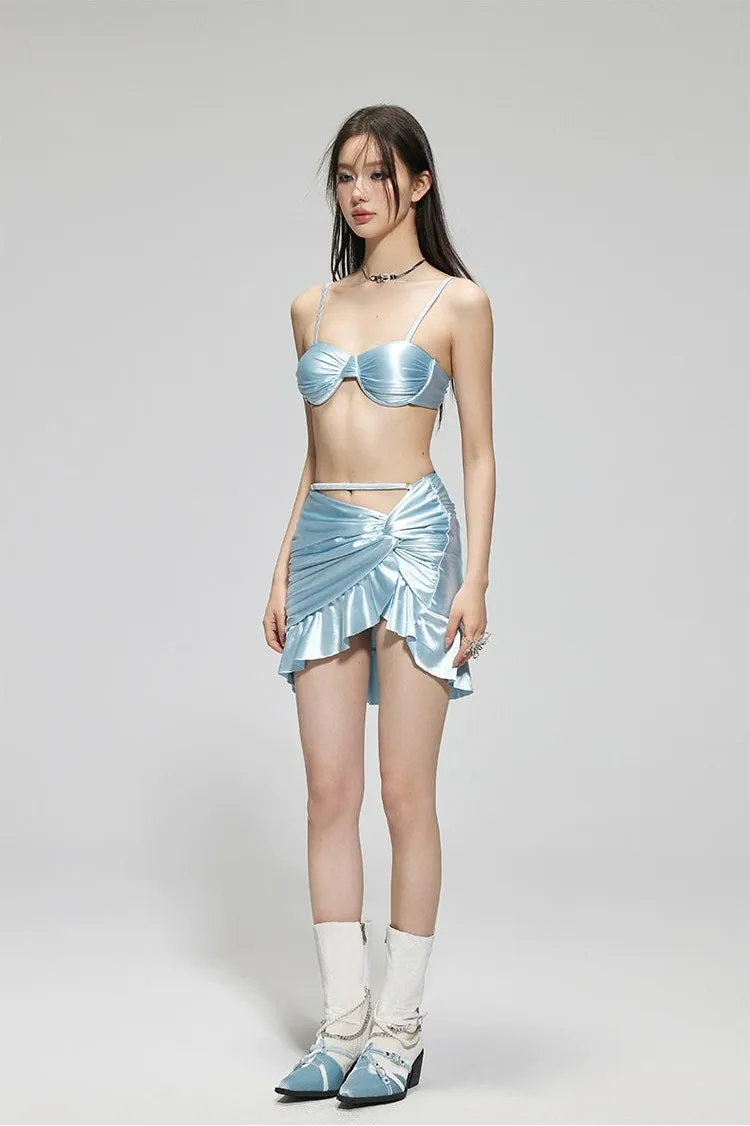 Satin Ruched Bikini Top with Wrap Skirt Set