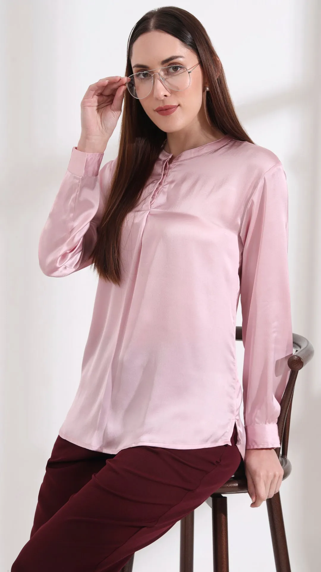 Summer Satin Light Pink Front Pleated Tunic